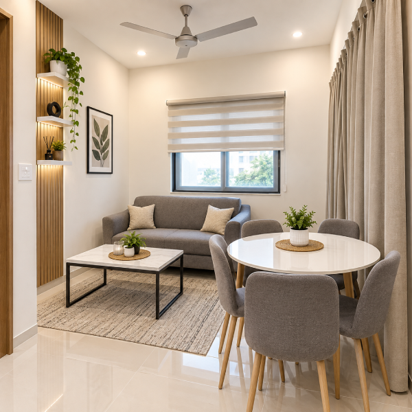 Living room, modern living room, minimalist interior, contemporary home, cozy seating area, gray sofa, gray armchair, dining table, round dining table, white table, dining chairs, coffee table, white coffee table, neutral colors, beige walls, beige curtains, floor-to-ceiling curtains, window, roller blind, ceiling fan, recessed lighting, wall art, moon artwork, lunar poster, tiled floor, bright interior, clean design, simple decor, elegant furniture, compact living space, apartment interior, residential interior, open space, functional layout, modern furniture, Scandinavian style, neutral palette, soft lighting, comfortable seating, home decor, interior photography, stylish living room, dining area, lounge area, contemporary decor, spacious room, window treatment, cream interior, gray upholstery, white furniture, modern apartment.